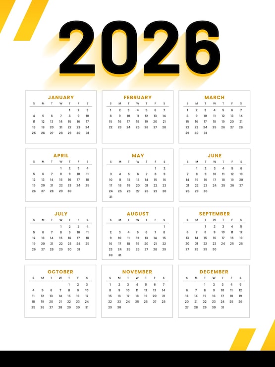 Vecteur gratuit calendrier mensuel blanc et jaune de l'emploi du temps 2026