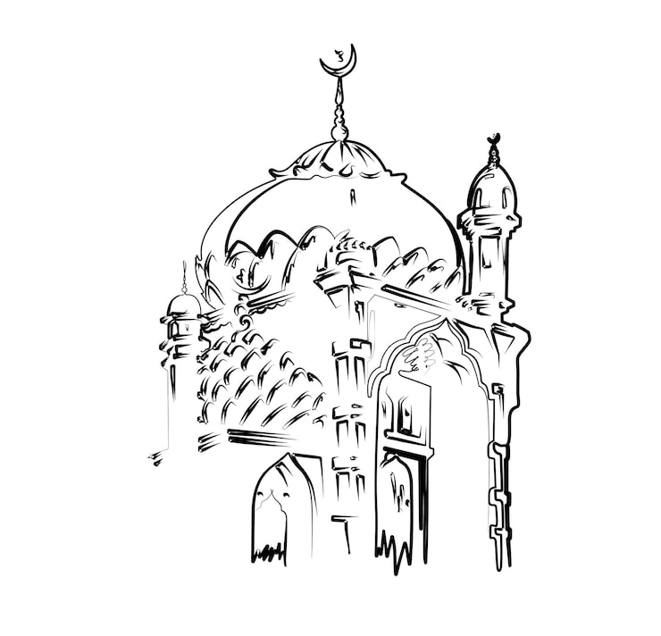 Vecteur gratuit calligraphie de célébration eid mubarak lettrage élégant ramadan kareem texte avec mosquée illustration vectorielle