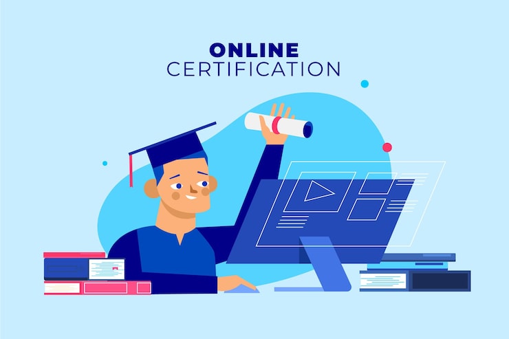 Vecteur gratuit certification en ligne avec ordinateur et diplômés