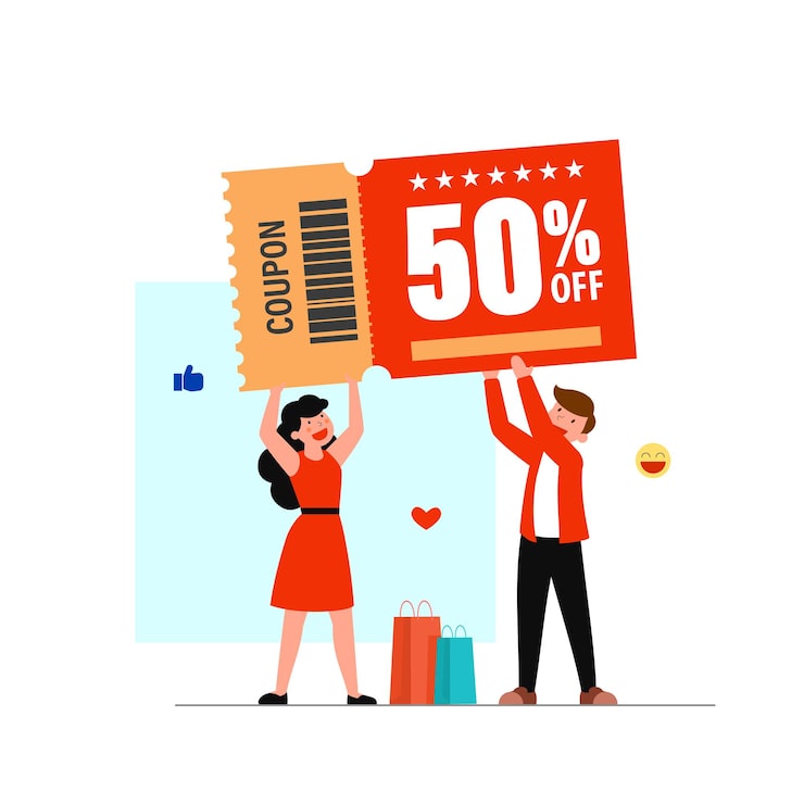Vecteur gratuit client de personnage de dessin animé plat 50% de réduction avec coupon