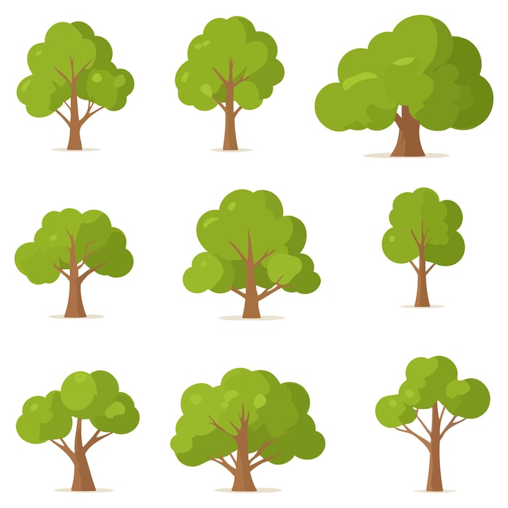 Vecteur gratuit une collection d'arbres verts dans divers styles illustratifs