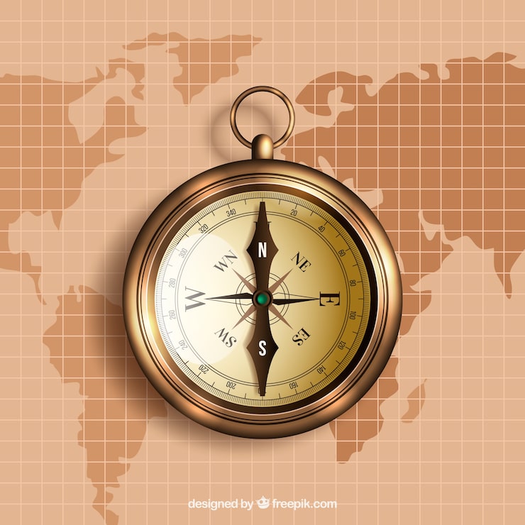Vecteur gratuit compas d'or sur l'arrière plan de la carte du monde