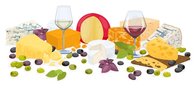 Vecteur gratuit composition de couleur plate au fromage divers morceaux de fromage avec des collations aux fruits et illustration vectorielle de vin