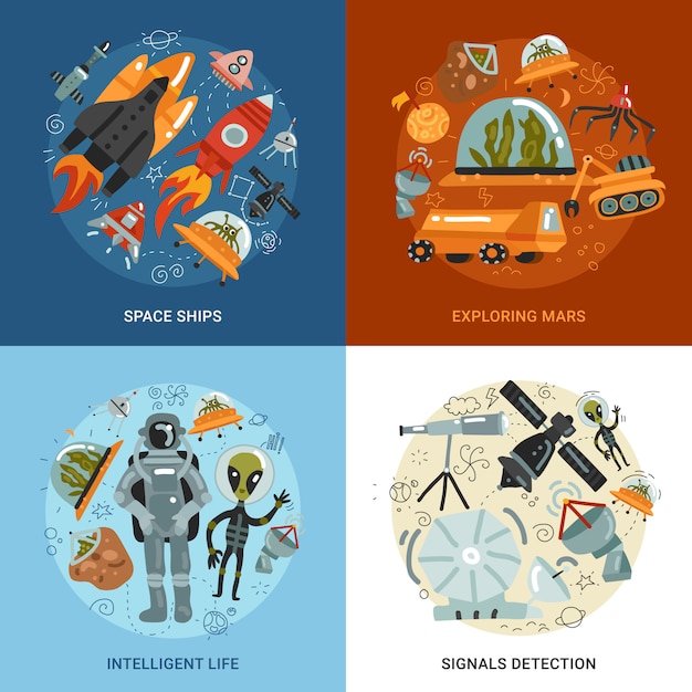 Vecteur gratuit concept de conception de l'exploration spatiale 2x2