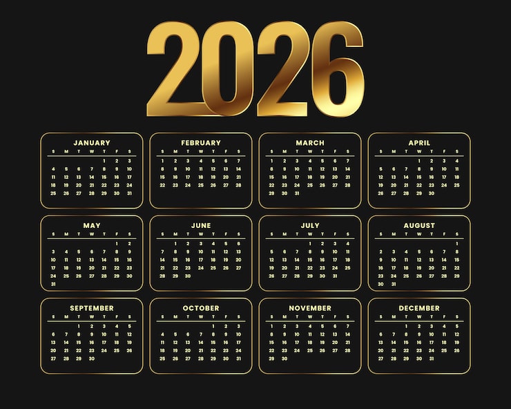 Vecteur gratuit conception de modèle de calendrier anglais doré foncé 2026