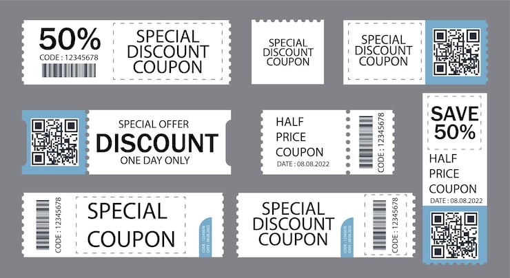 Vecteur gratuit coupon de réduction de vecteur moitié prix offre code promotionnel bon cadeau et modèle de coupons