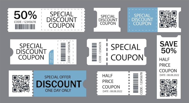 Vecteur gratuit coupon de réduction de vecteur moitié prix offre code promotionnel bon cadeau et modèle de coupons