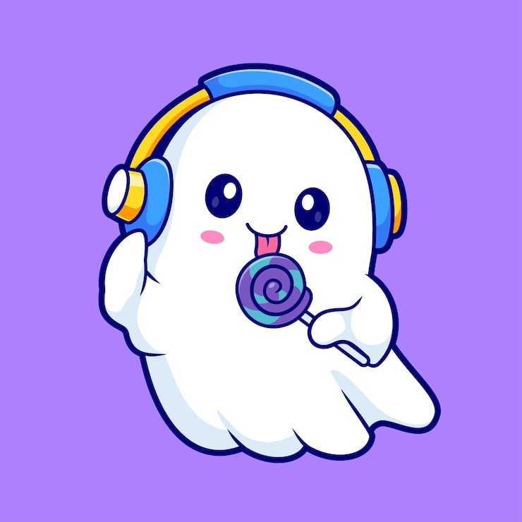 Vecteur gratuit cute ghost mangeant des bonbons de sucette avec écouteur cartoon vector icon illustration nourriture holiday flat