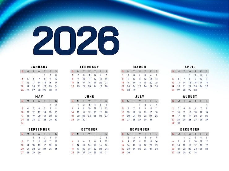 Vecteur gratuit design de calendrier annuel élégant vague bleue nouvel an 2026