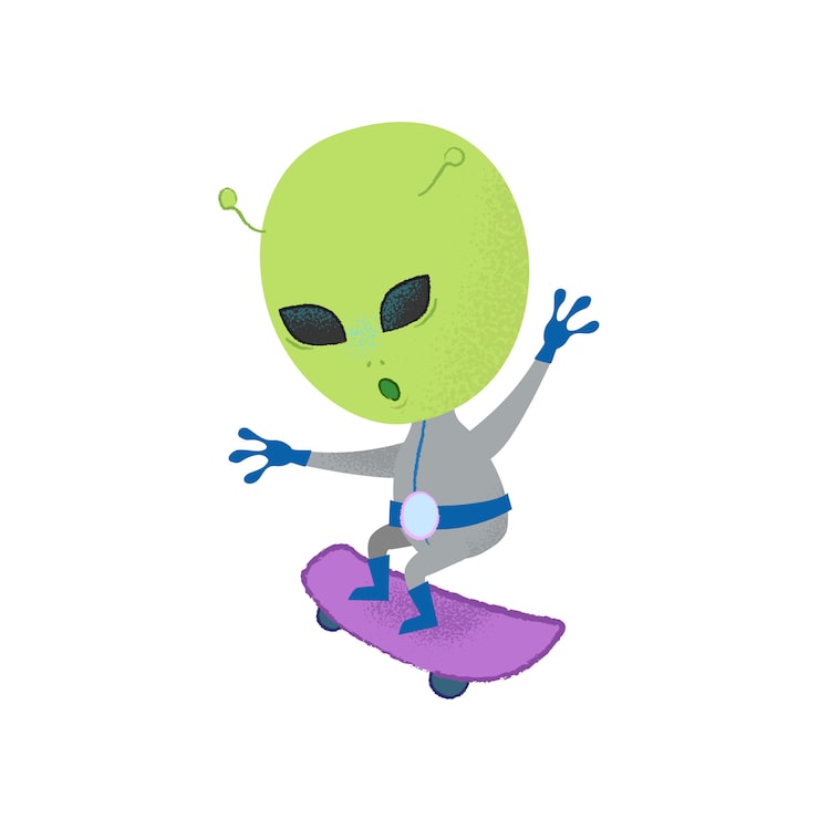 Vecteur gratuit drôle de skateboard alien cascade, créature, personnage.