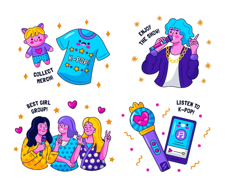 Vecteur gratuit ensemble d'autocollants kpop kawaii illustration