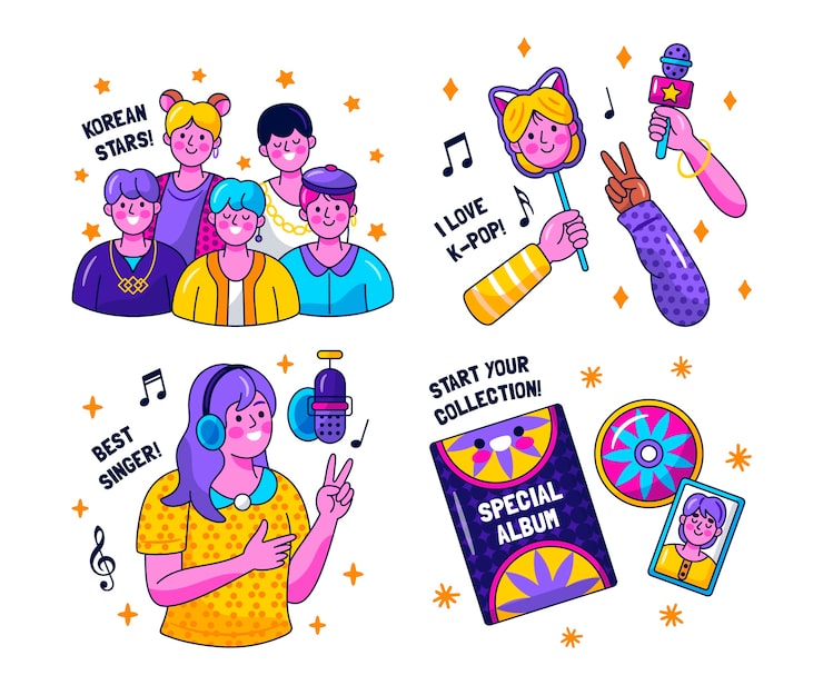 Vecteur gratuit ensemble d'autocollants kpop kawaii illustration