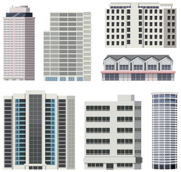 Vecteur gratuit ensemble de différents bâtiments de gratte-ciel de la ville
