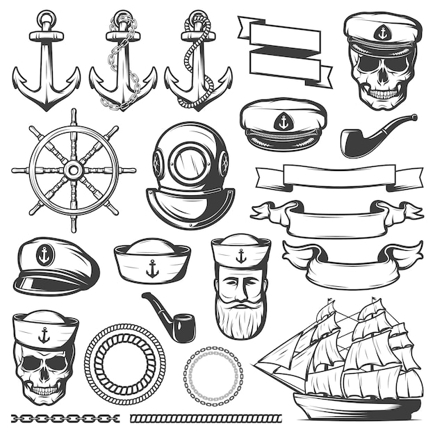 Vecteur gratuit ensemble naval marin vintage