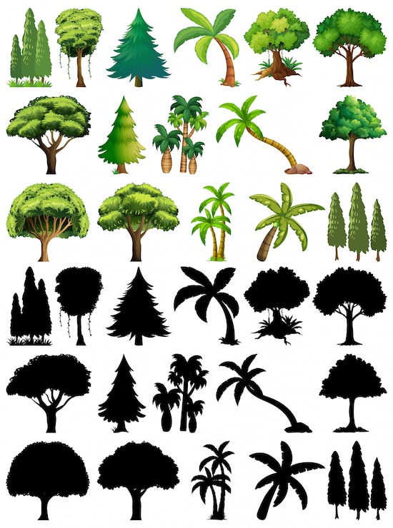Vecteur gratuit ensemble de plante et arbre avec sa silhouette