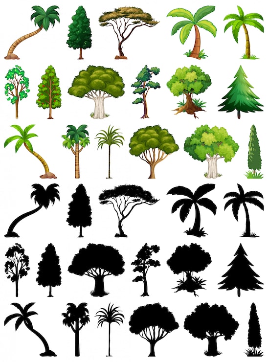 Vecteur gratuit ensemble de plante et arbre avec sa silhouette