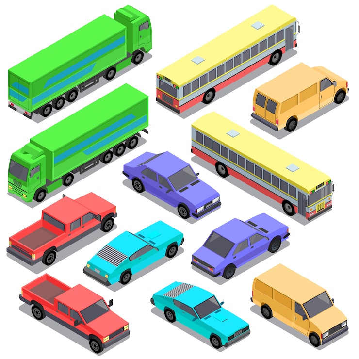 Vecteur gratuit ensemble de transport urbain isométrique, voitures