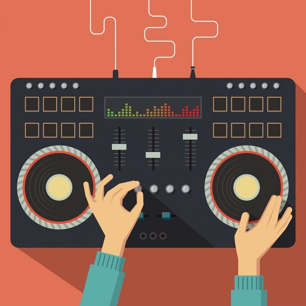 Vecteur gratuit flat contrôleur dj avec les mains vector illustration