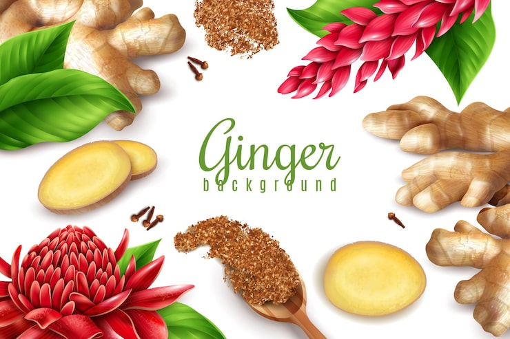 Vecteur gratuit fond de cadre de gingembre avec des feuilles, des fleurs et des clous de girofle