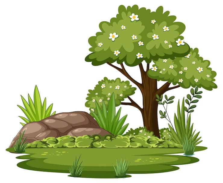Vecteur gratuit forêt luxuriante avec des rochers et des arbres