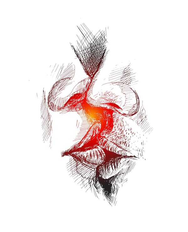 Vecteur gratuit gros plan d'un beau couple passionné s'embrassant, arrière-plan vectoriel de croquis dessinés à la main.