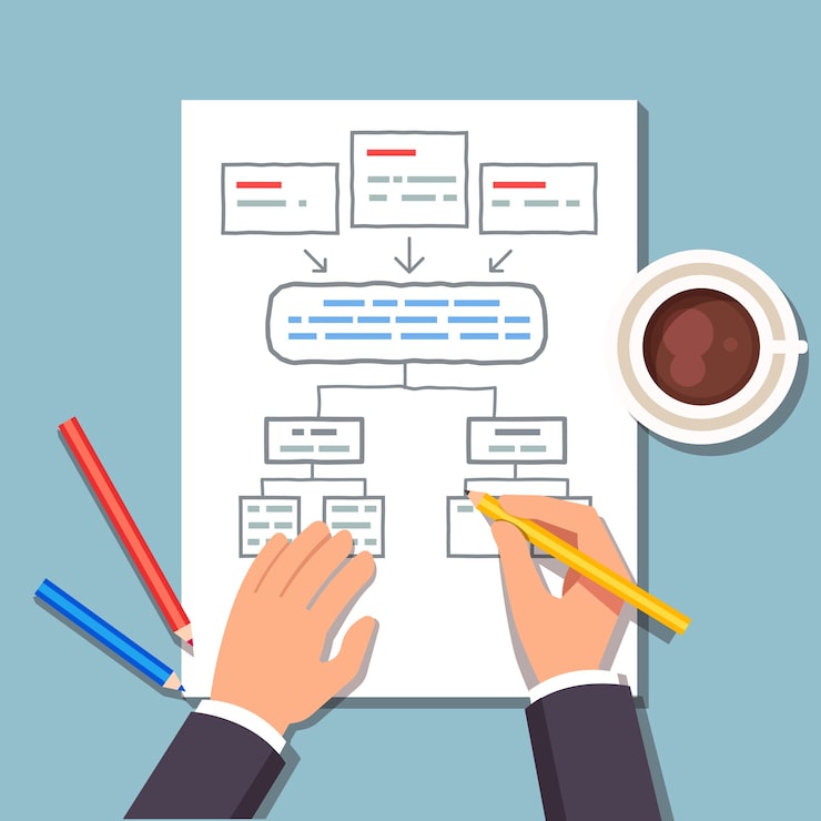 Vecteur gratuit homme d'affaires dessinant un plan de bloc-diagramme