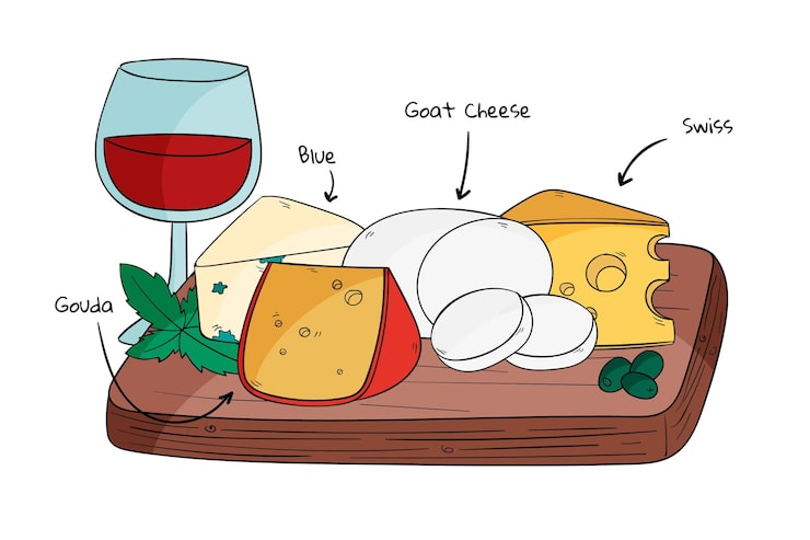Vecteur gratuit illustration dessinée à la main de planche de fromage et de vin avec des noms