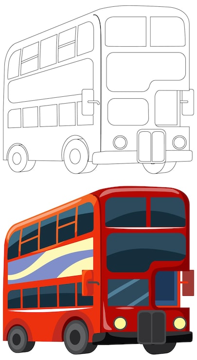 Vecteur gratuit illustration vectorielle de bus de ville rouge à impériale avec un tracé linéaire