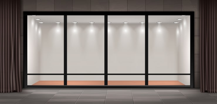 Vecteur gratuit illustration de la vitrine, vitrine illuminée par le verre pour les présentations et l'exposition du musée