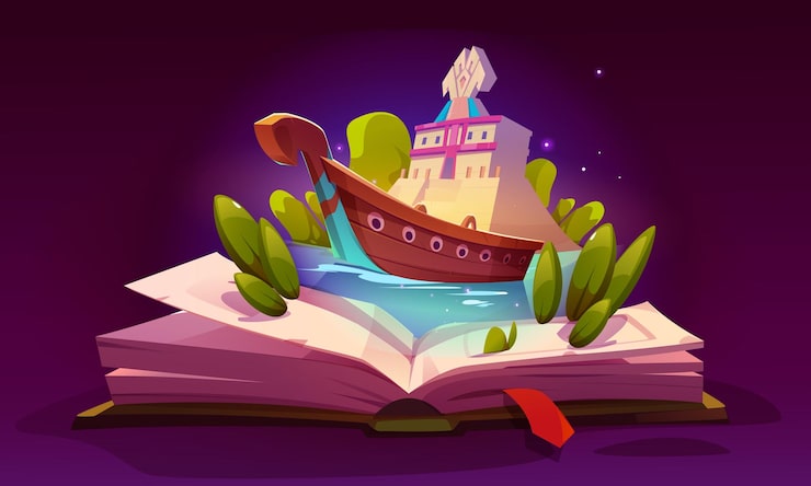 Vecteur gratuit livre ouvert sur l'aventure du conte de fées du navire à lire