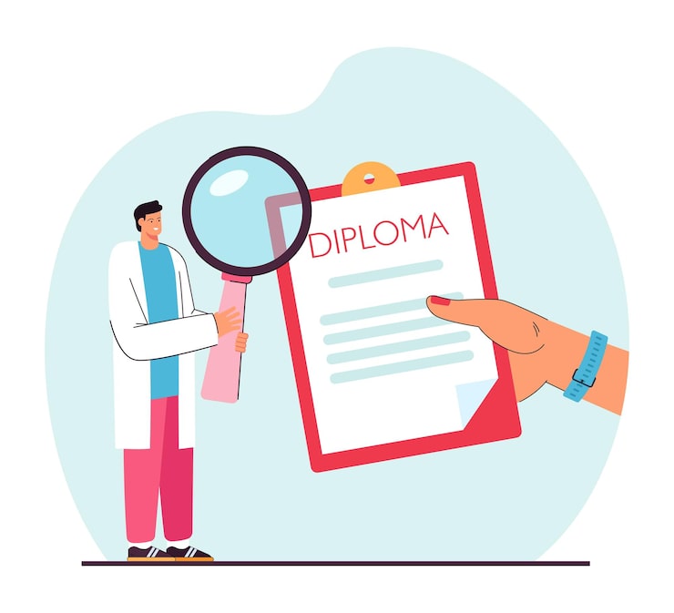 Vecteur gratuit main d'une personne montrant un diplôme à un petit médecin avec une loupe