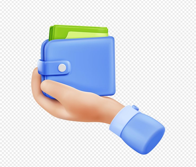 Vecteur gratuit main de rendu 3d tenant un portefeuille avec des billets de banque