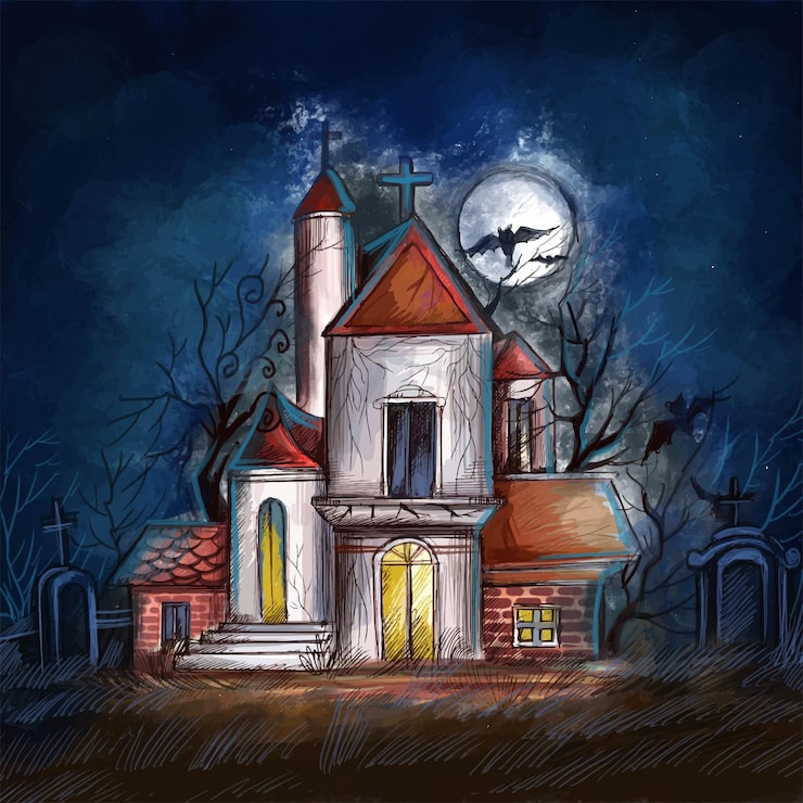 Vecteur gratuit maison hantée d'halloween sombre avec fond de lune