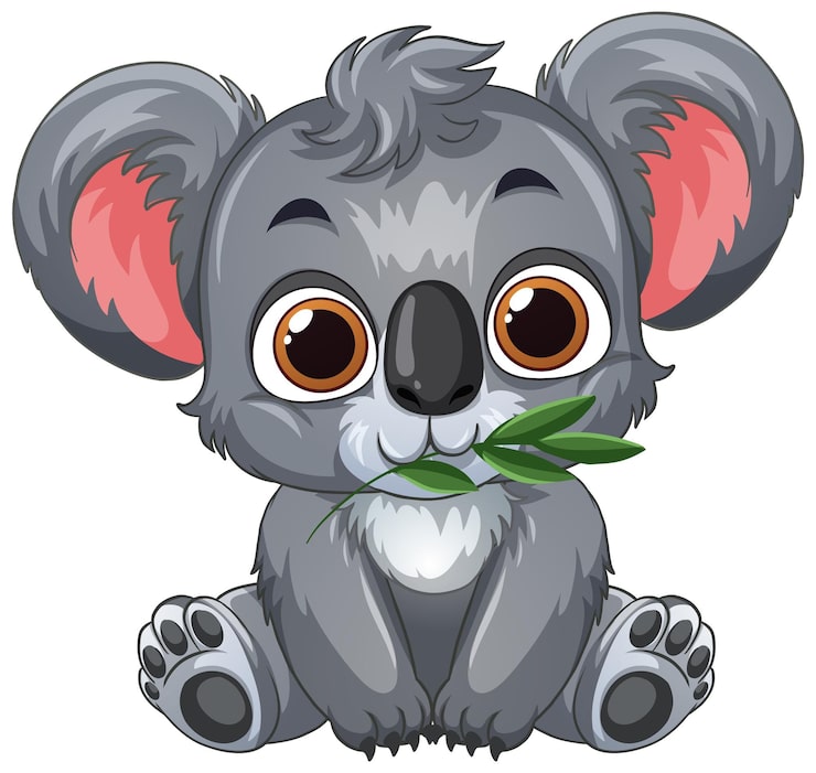 Vecteur gratuit mignon bébé koala de dessin animé assis et mangeant des feuilles d'eucalyptus vertes