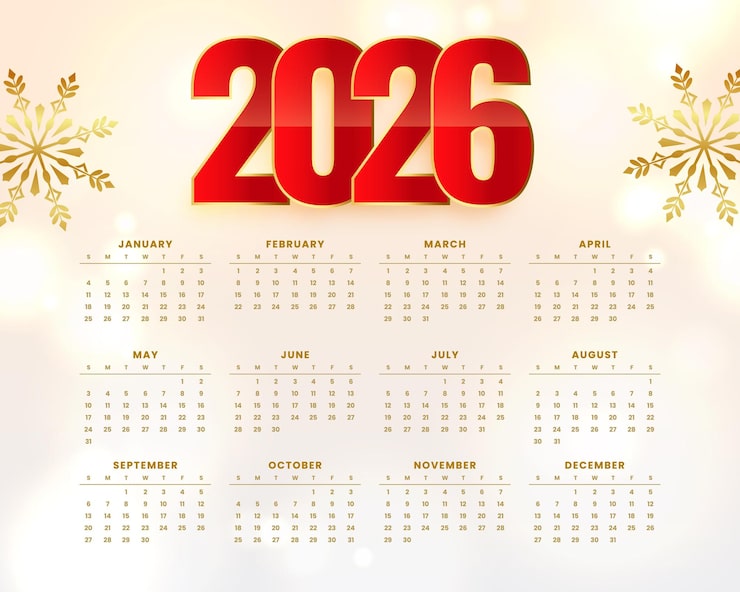 Vecteur gratuit modèle de calendrier du nouvel an 2026 avec flocon de neige doré
