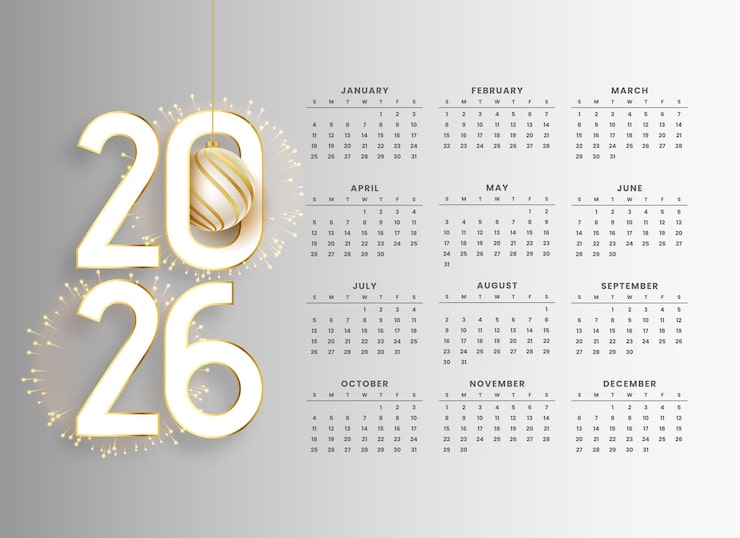 Vecteur gratuit modèle de calendrier gris du nouvel an 2026 avec une boule de noël.