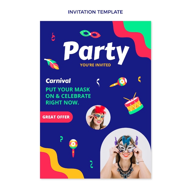 Vecteur gratuit modèle d'invitation de carnaval plat