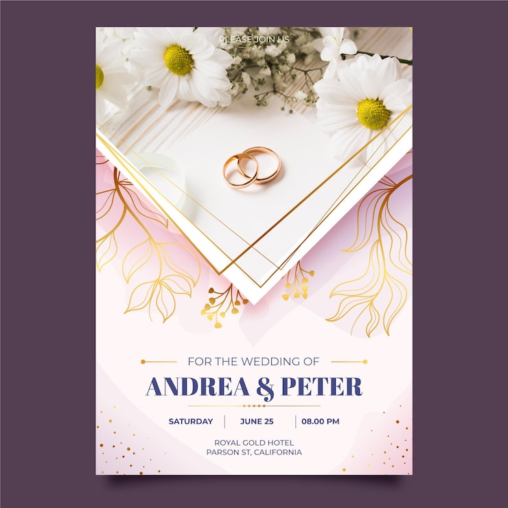 Vecteur gratuit modèle d'invitation de mariage avec photo anneaux dorés