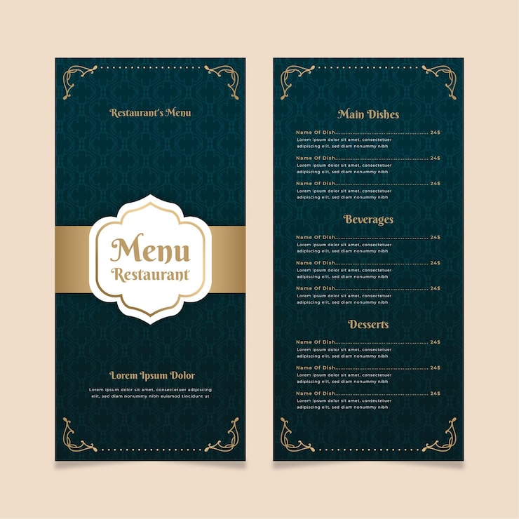 Vecteur gratuit modèle de menu de restaurant doré avec bleu