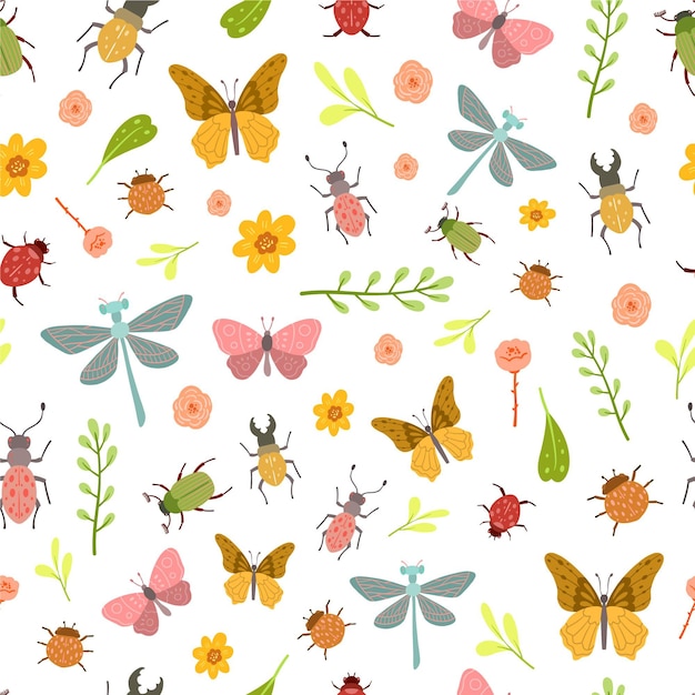 Vecteur gratuit motif insectes et fleurs