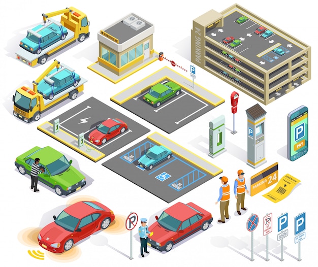 Vecteur gratuit parking isometric elements set