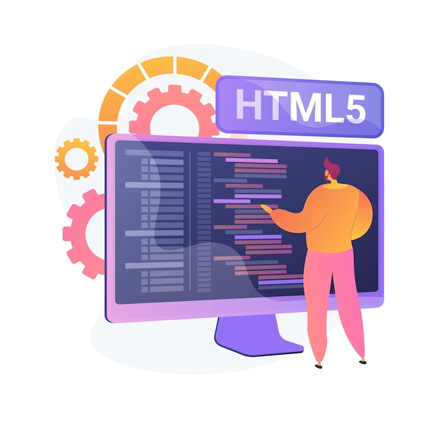 Vecteur gratuit programmation html5. développement de sites web internet, ingénierie d'applications web, rédaction de scripts. optimisation du code html, correction de bogues par le programmeur.