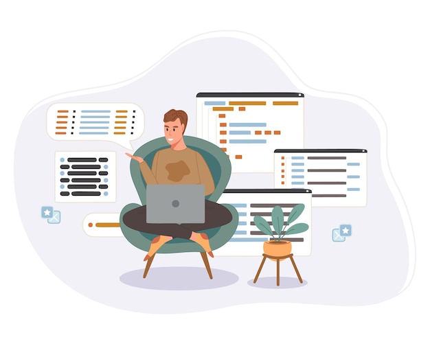 Vecteur gratuit programmeur travaillant sur le code de développement web. ingénieur programmation en python, php et java script sur ordinateur.