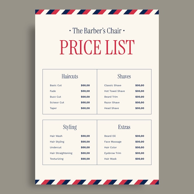 Vecteur gratuit projet de modèle de liste de prix de barbier