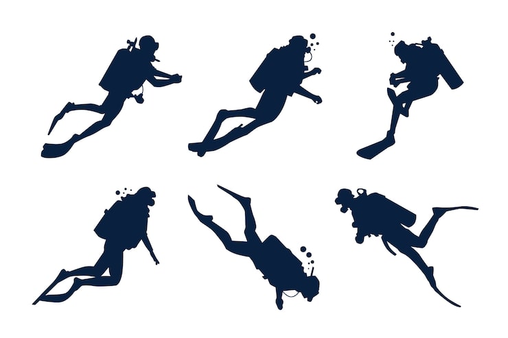 Vecteur gratuit set de silhouettes de plongeurs dessinées à la main