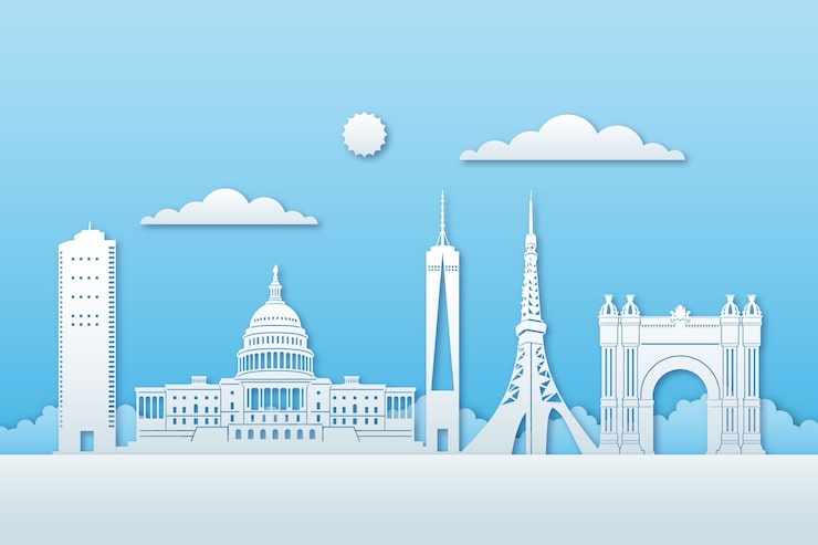 Vecteur gratuit skyline de monuments dans le style de papier et ciel bleu
