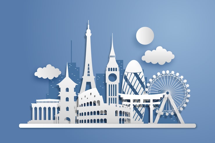 Vecteur gratuit skyline de repères dans le style de papier