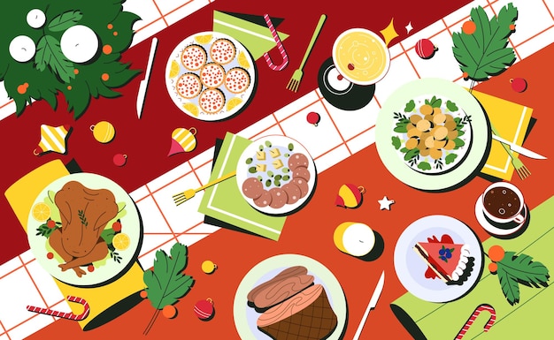 Vecteur gratuit vue de dessus de table de noël avec vaisselle et couverts décorés