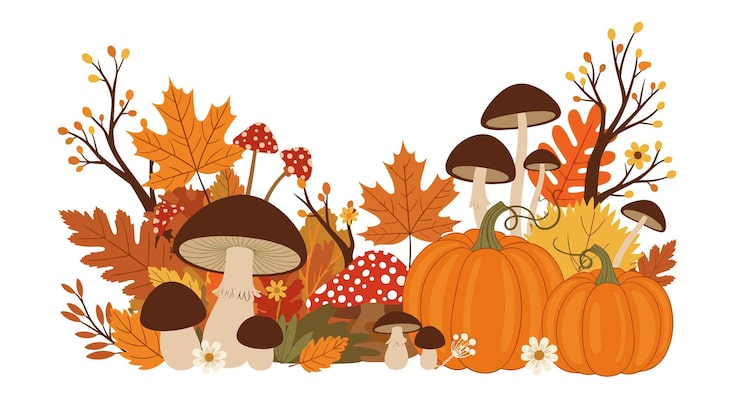 Vecteur bordure de récolte d'automne avec citrouilles, champignons et feuilles d'automne.