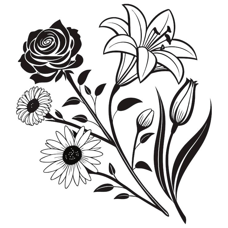 Vecteur un bouquet de fleurs noir et blanc élégant